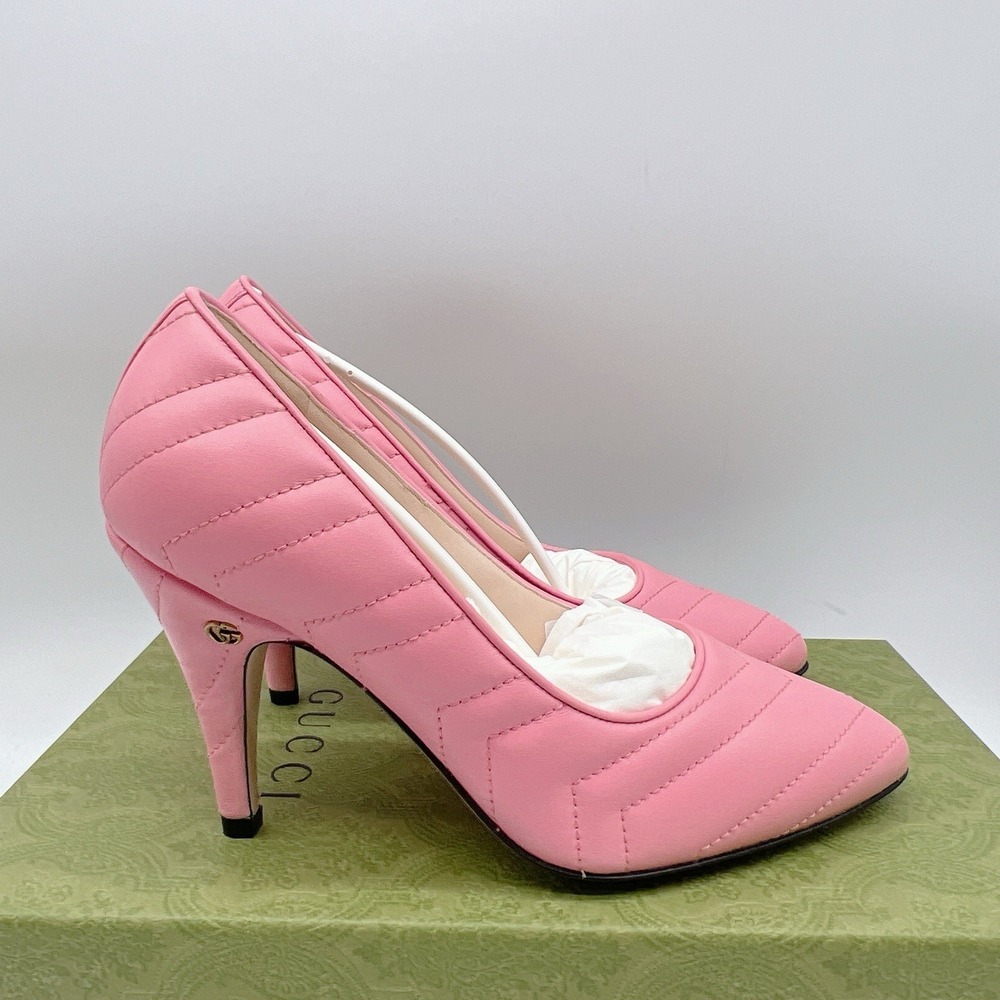 Gucci Chevron Matelasse mini Double G Logo Heel Pumps Pink Leather EU 37.5 - NEW